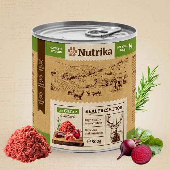 Nutrika Dog food with Game & Beetroot 800gr - пълноценна храна за израснали кучета от всички породи с дивеч и червено цвекло 800гр.