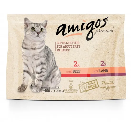 Amigos Premium Pouch - Пълноценна храна за израснали котки, с Говеждо и Агнешко 400 гр