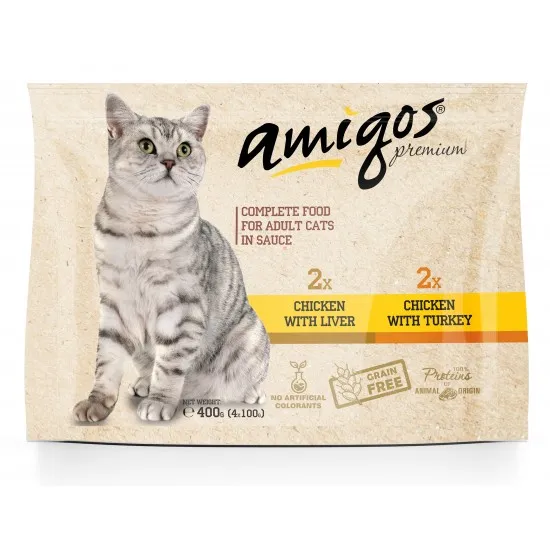 Amigos Premium Pouch - Пълноценна храна за израснали котки, пилешко с черен дроб и пилешко с пуешко 400 гр