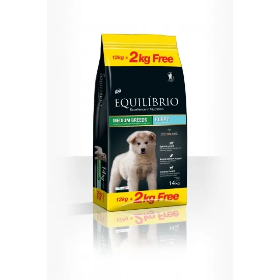 Equilibrio Puppy Medium Breeds - Пълноценна храна за подрастващи кученца от средни породи 12 + 2 кг