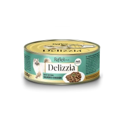 Reflex Plus Delizzia Chunks in Gravy with Salmon and Chicken 85gr - Консерва с пилешко и черен дроб за израснали котки в сос - 85гр.