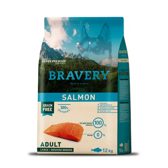 Bravery Salmon Medium & Large Breeds Adult Dog - Пълноценна храна за израснали кучета от средни и едри породи със сьомга 12 кг